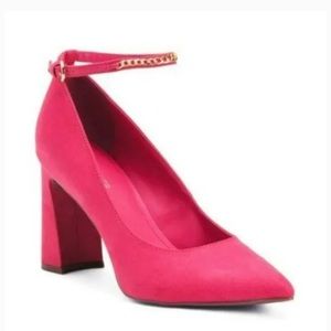 NWT Marc Fisher Chain Buckle Ankle Block Faux Suede Pumps